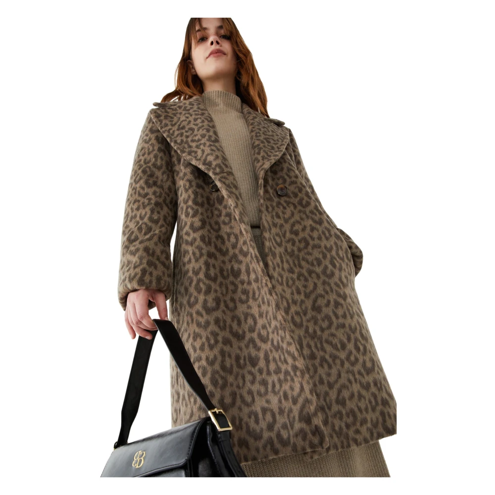 Iblues Animalier Jacquard Double-Breasted Jas Brown Dames