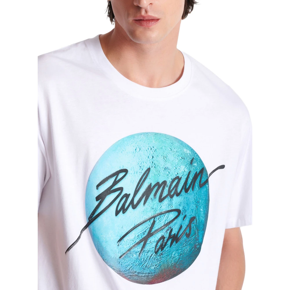 Balmain Bedrukt Paris-logo en planeet T-shirt White Heren