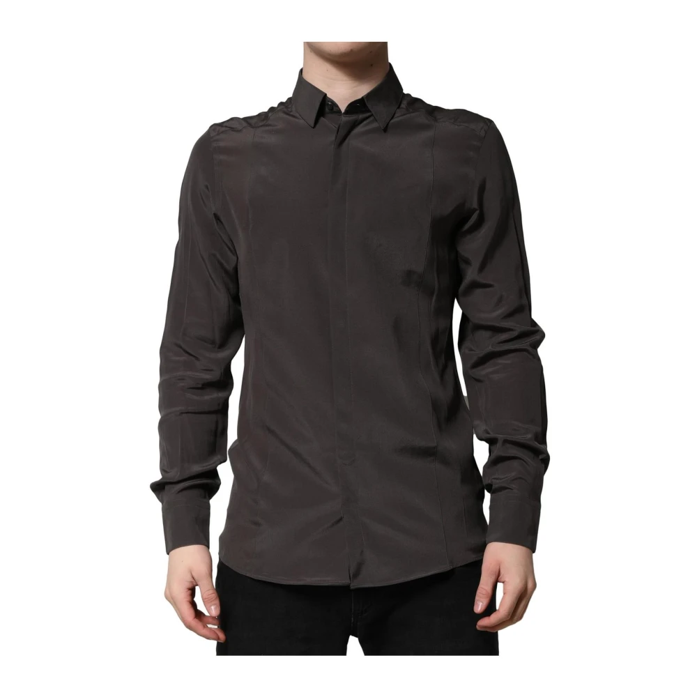 Dolce & Gabbana Men's Brown Silk Long Sleeve Dress Shirt - Casual Shirts - 3XS- Shirts