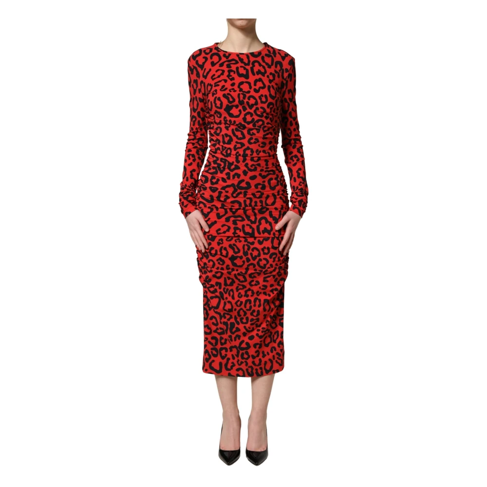 Dolce & Gabbana Red Midi Dresses, Female, 2XS, Leopard-Print Midi Dress