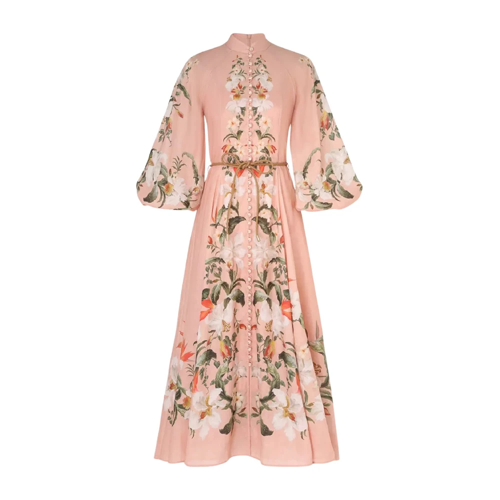 Zimmermann Roze Bloemen Midi Jurk met Opstaande Kraag Pink Dames