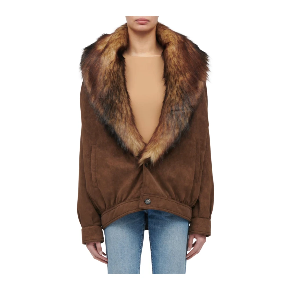 Mm6 Maison Margiela Suede-Effect Jacket With Faux Fur Collar - Female - Faux Fur & Shearling Jackets - Brown - 2XS - Jackets