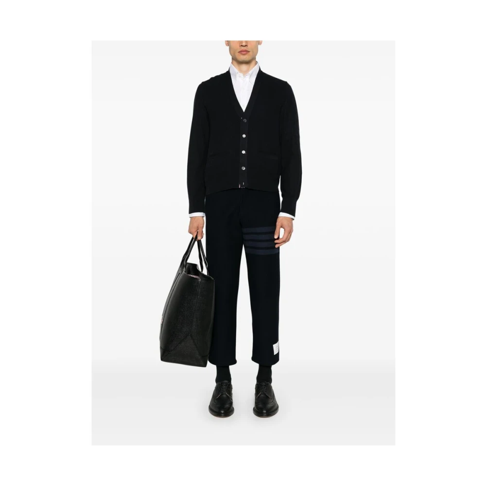 Thom Browne Navy Blauw Zijden V-Hals Trui Blue Heren