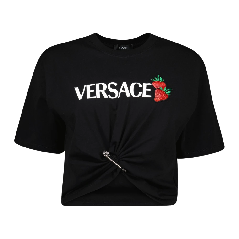 Versace Moderne aardbeienprint crop top Black Dames