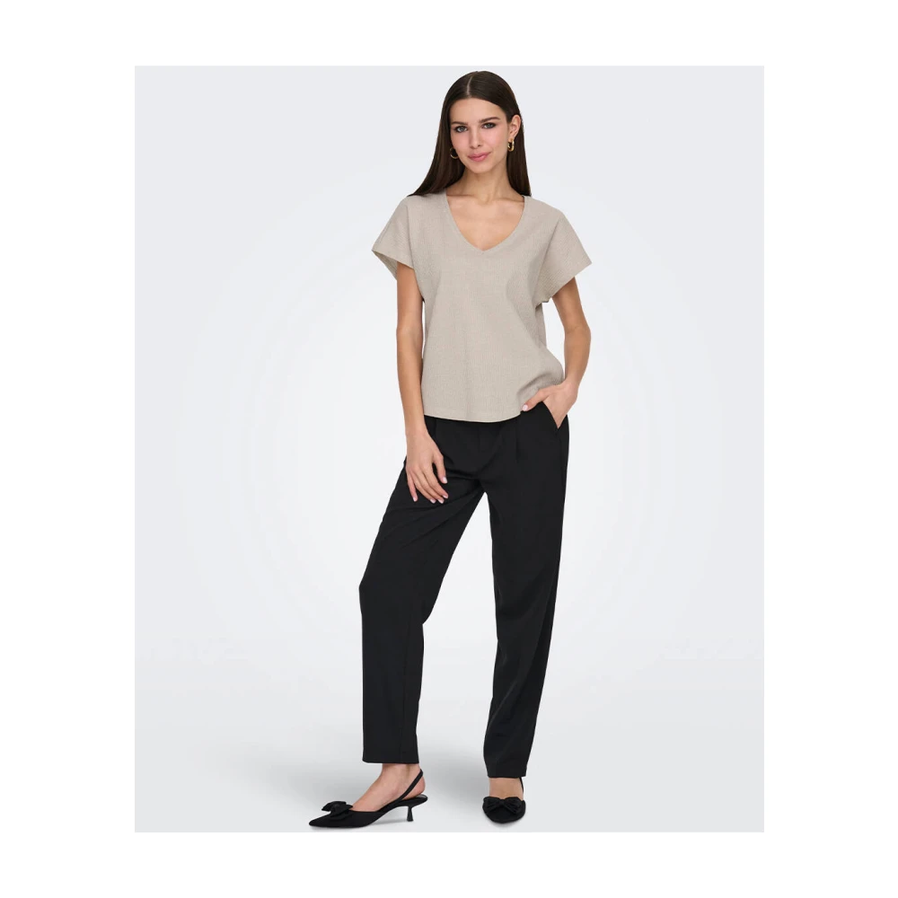 Only Korte Mouw V-hals Blouse Top Beige Dames