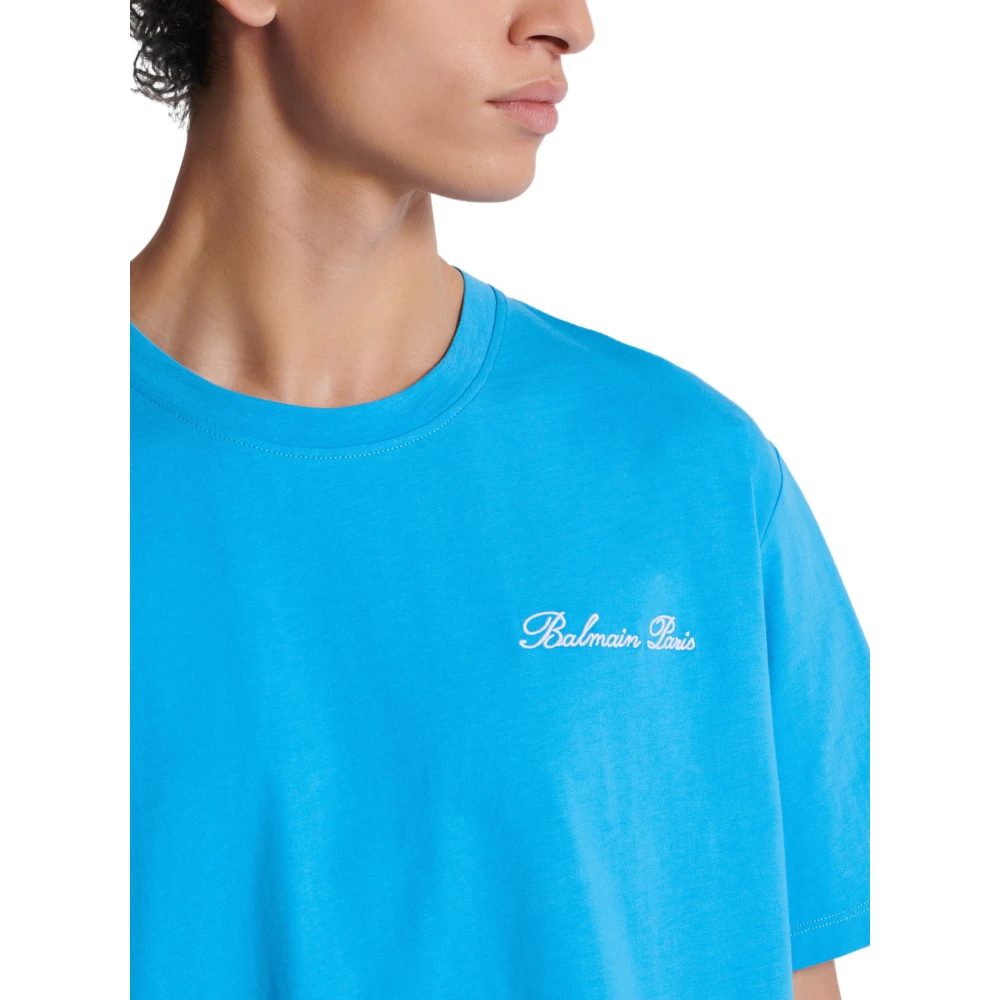 Balmain Relaxed T-shirt met Handtekeningborduursel Blue Heren