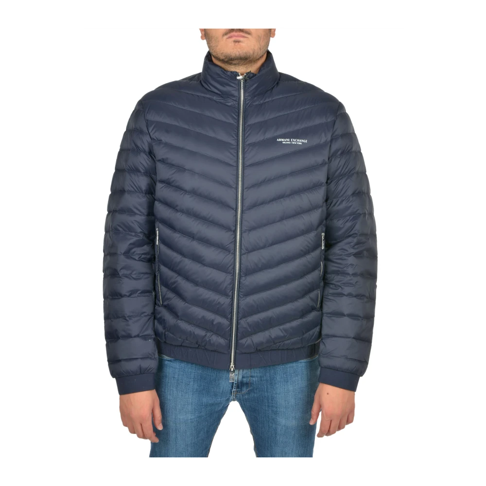 Emporio Armani Blauwe Hoge Nek Logo Pufferjas Blue Heren