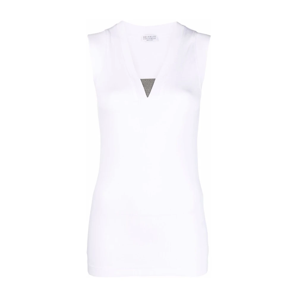 Brunello Cucinelli White Sleeveless Tops, Female, S, Ribbed Cotton Jersey V-Neck Top