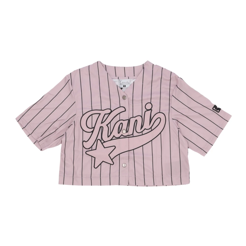 Karl Kani Crop Pinstripe Baseball Jack met Ster Logo Pink Dames