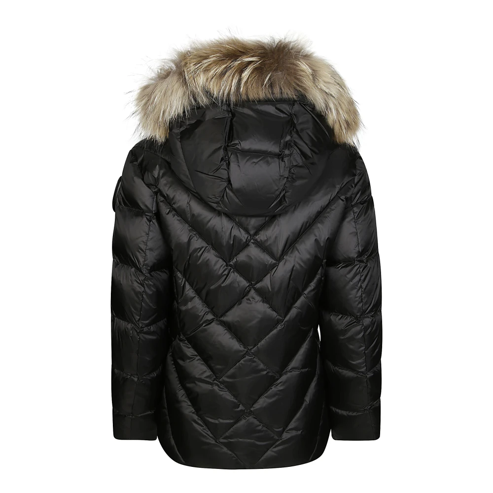 Blauer Gewatteerde jas met capuchon en bont Black Dames