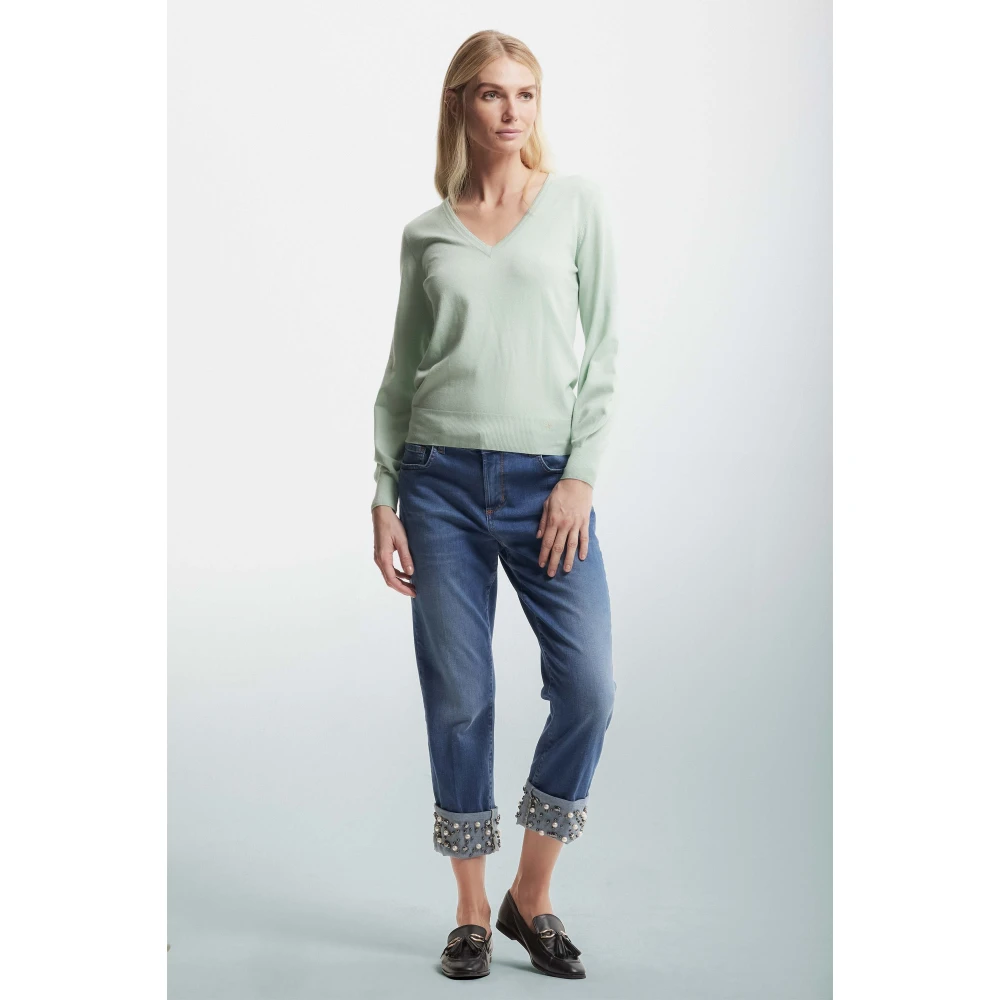 Kocca Zachte Gebreide V-hals Trui met Bisschopsmouwen Green Dames