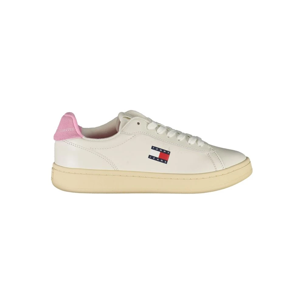 Tommy Hilfiger Women's White Leather Sneaker Pink Accents - Sneakers - 5 Uk- Shoes