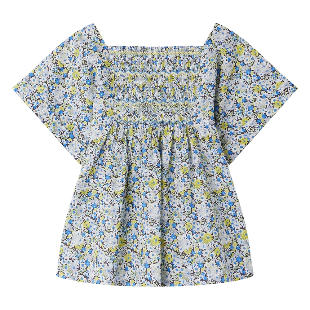 Bonpoint Women's Blue Floral Smocked Short Sleeve Blouse