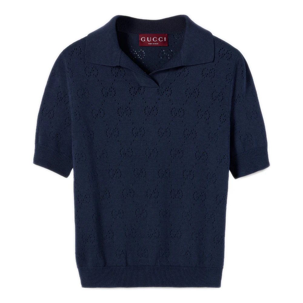 Gucci Women's Blue Polo Shirts, Xs, Gg Pointelle Polo Shirt