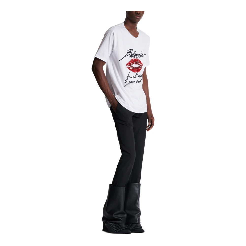 Balmain Geborduurd T-shirt met 'Love Letter' en lippen White Heren