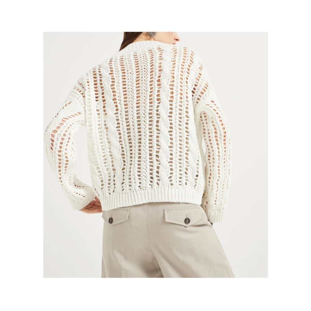 BRUNELLO CUCINELLI Witte Geribbelde V-Hals Trui White Dames