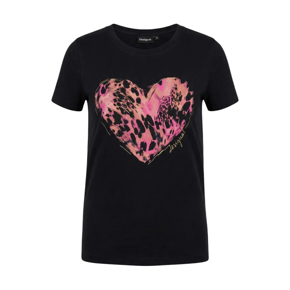 Desigual Women's Black T-Shirts, S, Printed Short Sleeve Round Neck T-Shirt