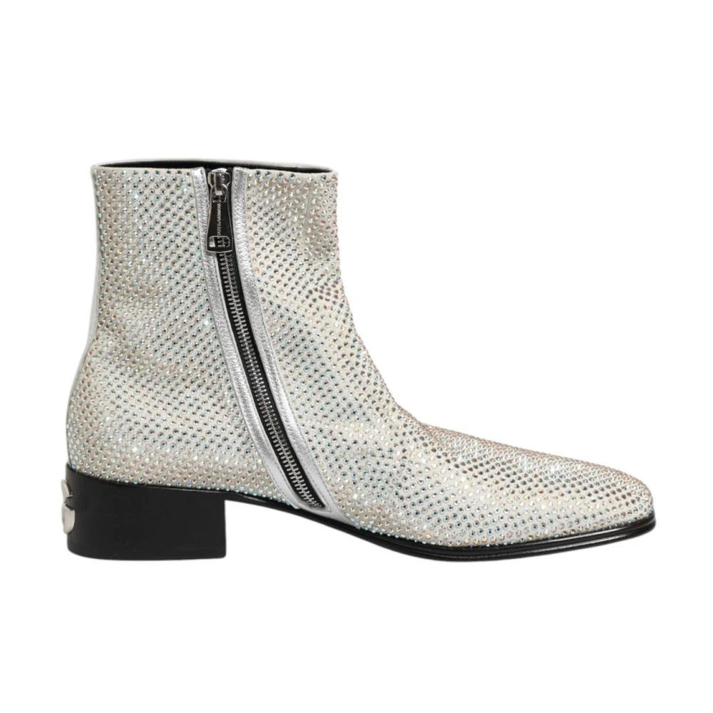 Dolce & Gabbana Men's White Crystal Logo Heeled Ankle Boots