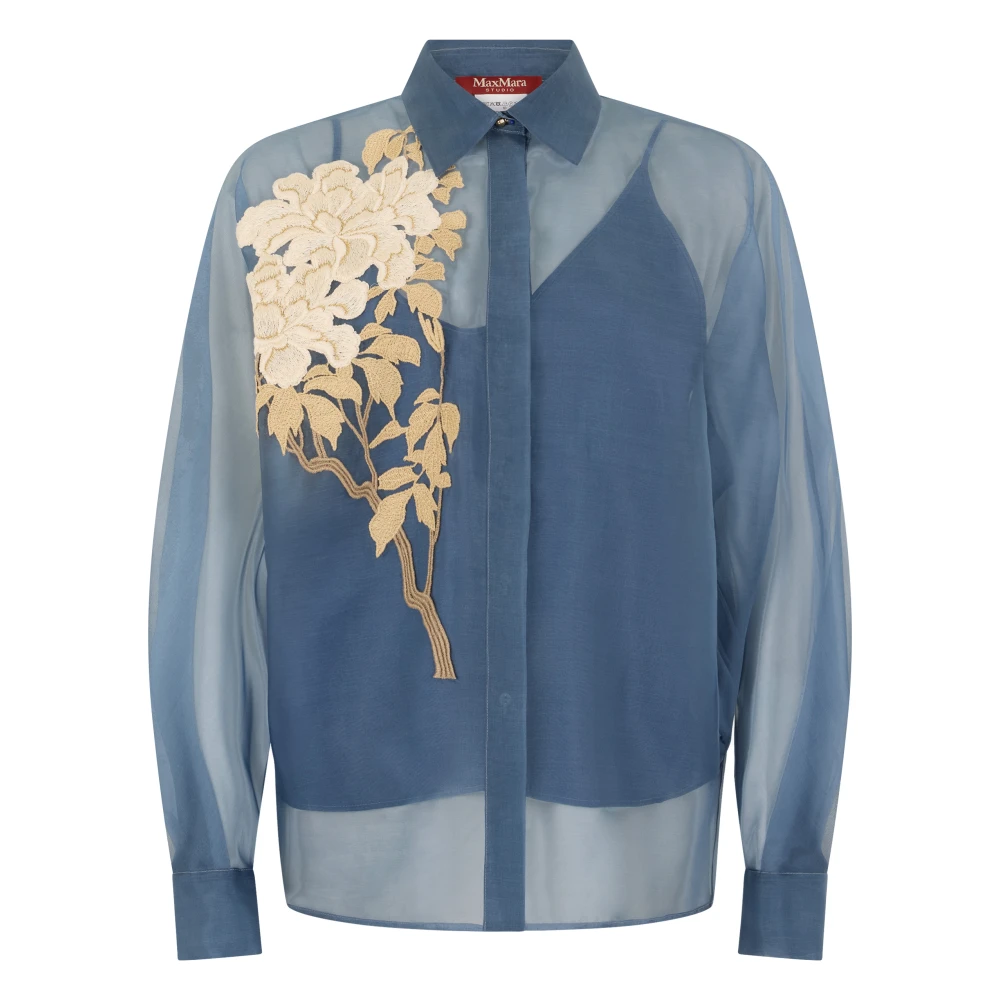 Max Mara Studio Women's Blue Shirts, Xs, Silk Shirt With Embroidery