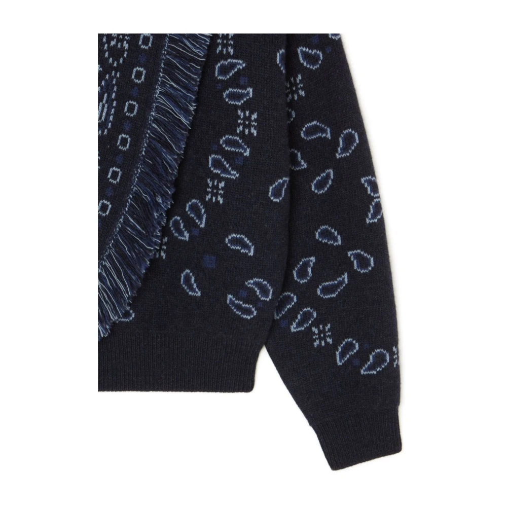 Alanui Blauwe Gebloemde Jacquard Trui met Franje Blue Dames