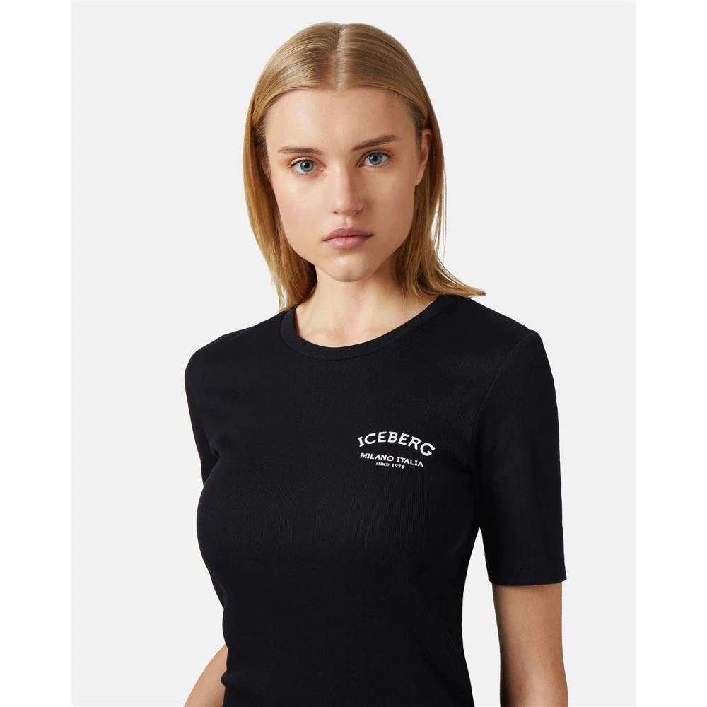 Iceberg Kortemouw T-shirt in katoenen rib Black Dames
