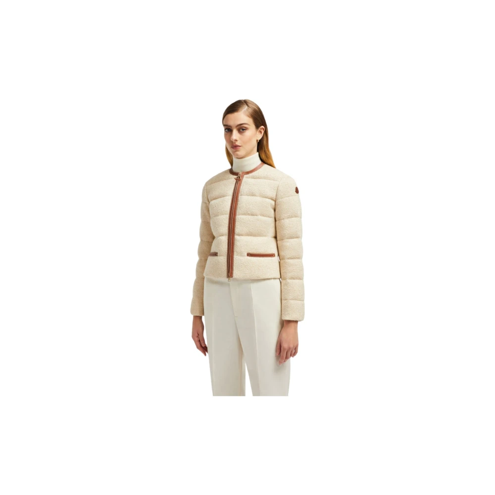 Moncler Beige Kort Donsjack met Leren Afwerking Brown Dames