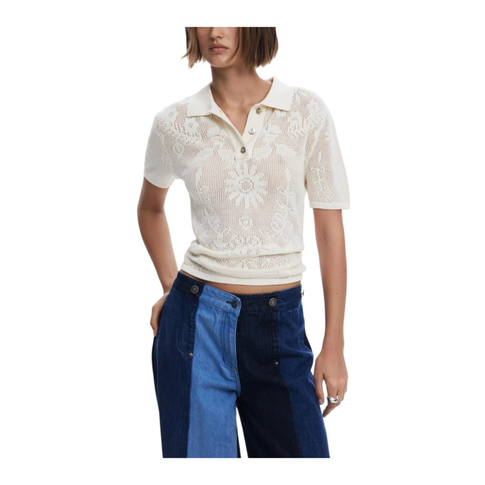 Desigual Women's White Polo Shirts,, Button-Up Classic Collar Top Small
