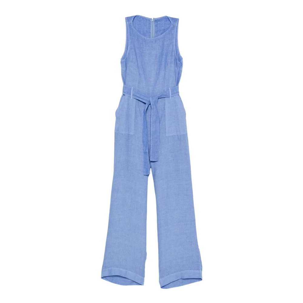 120% Lino Blue Jumpsuits, Female, M, Belted Sleeveless Jumpsuit