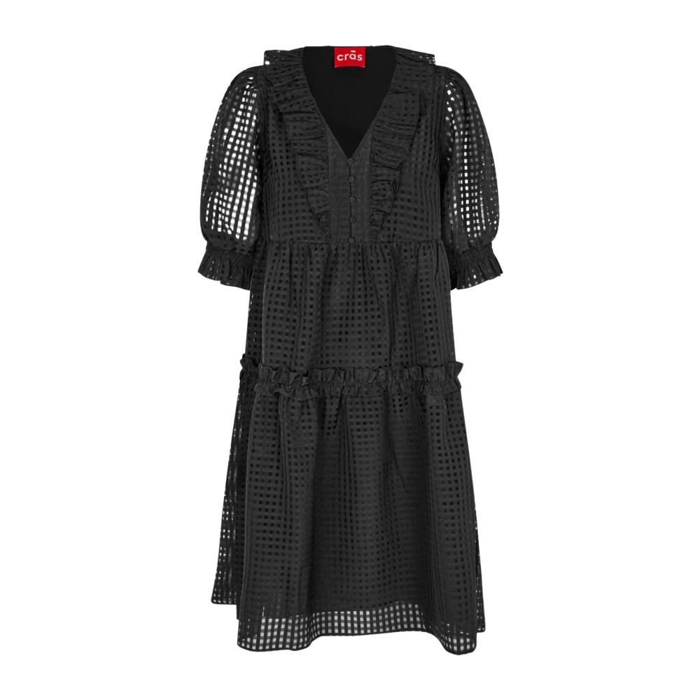 Cras Zwarte jurk met V-hals en ruches Black Dames
