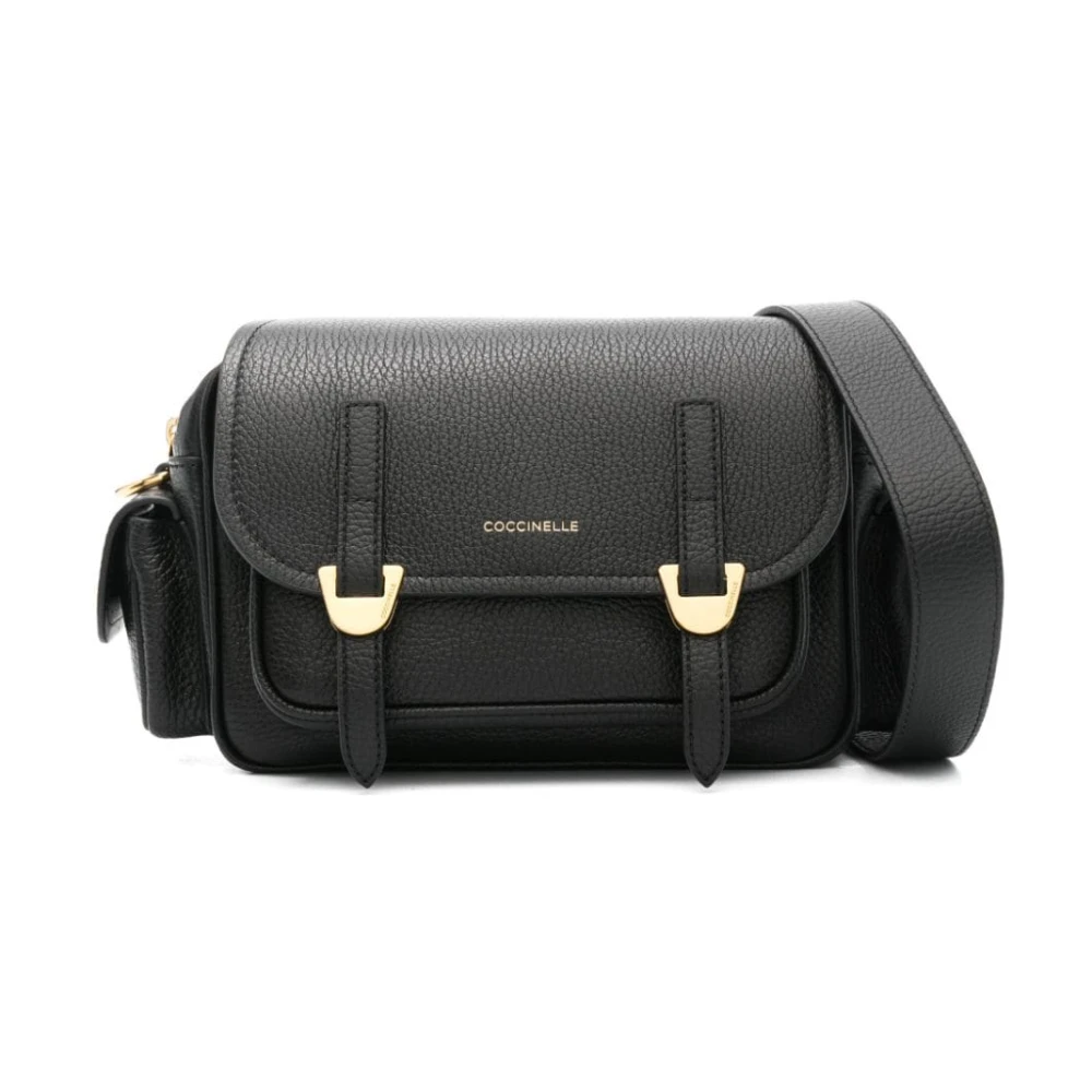 Coccinelle Zwarte leren schoudertas met gespdetail Black Dames