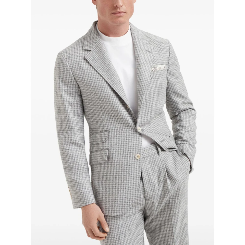 BRUNELLO CUCINELLI Houndstooth Wollen Jas Gray Heren