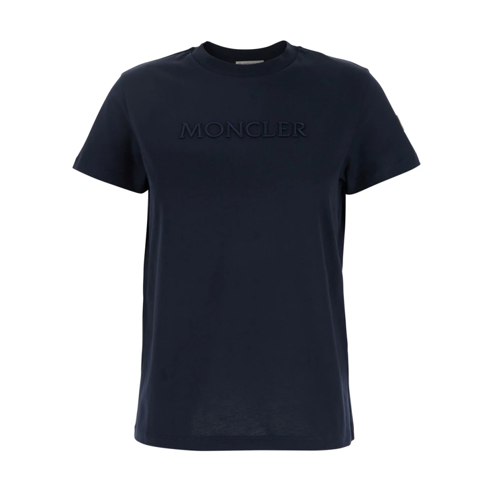 Moncler Blauw Logo Geborduurd Katoenen T-Shirt Vrouw Blue Dames