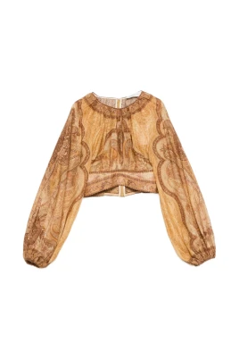 Paisley Balloon-Sleeve Cropped Top