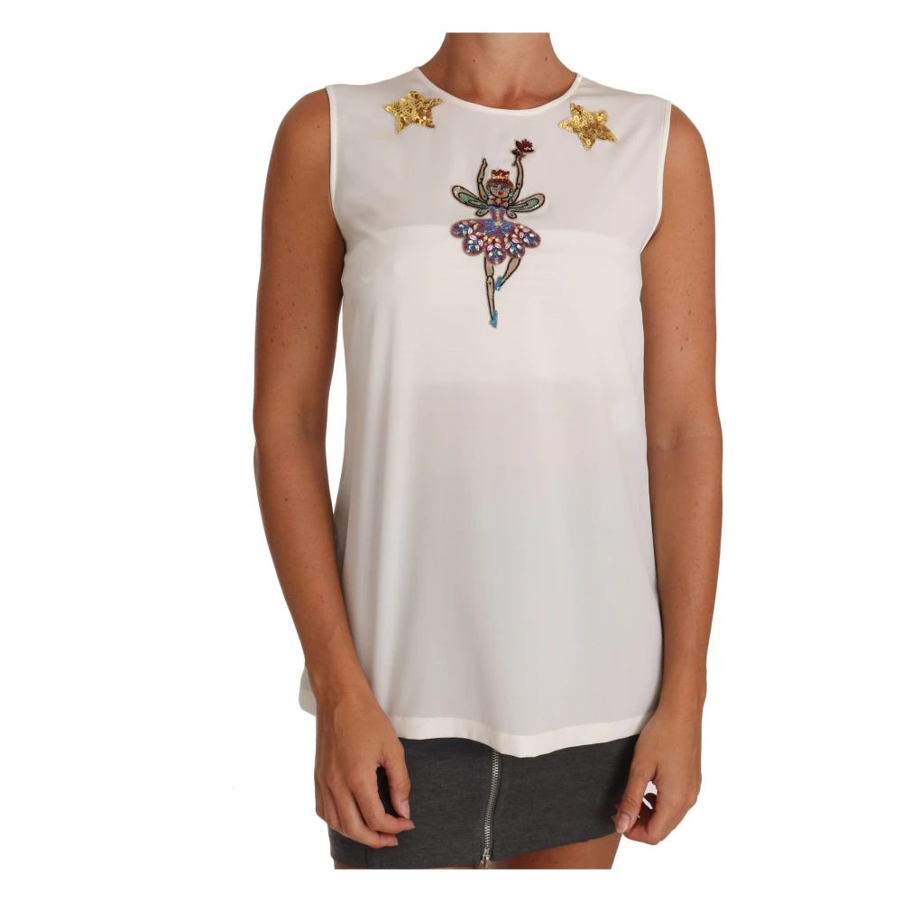 Dolce & Gabbana Women's White Enchanted Silk Blouse With Crystal Embellishments