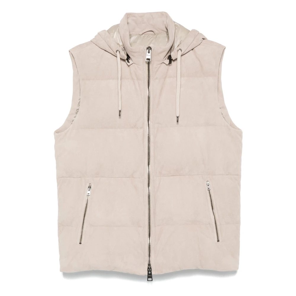 Herno Leren Gilet met Afneembare Capuchon Beige Heren