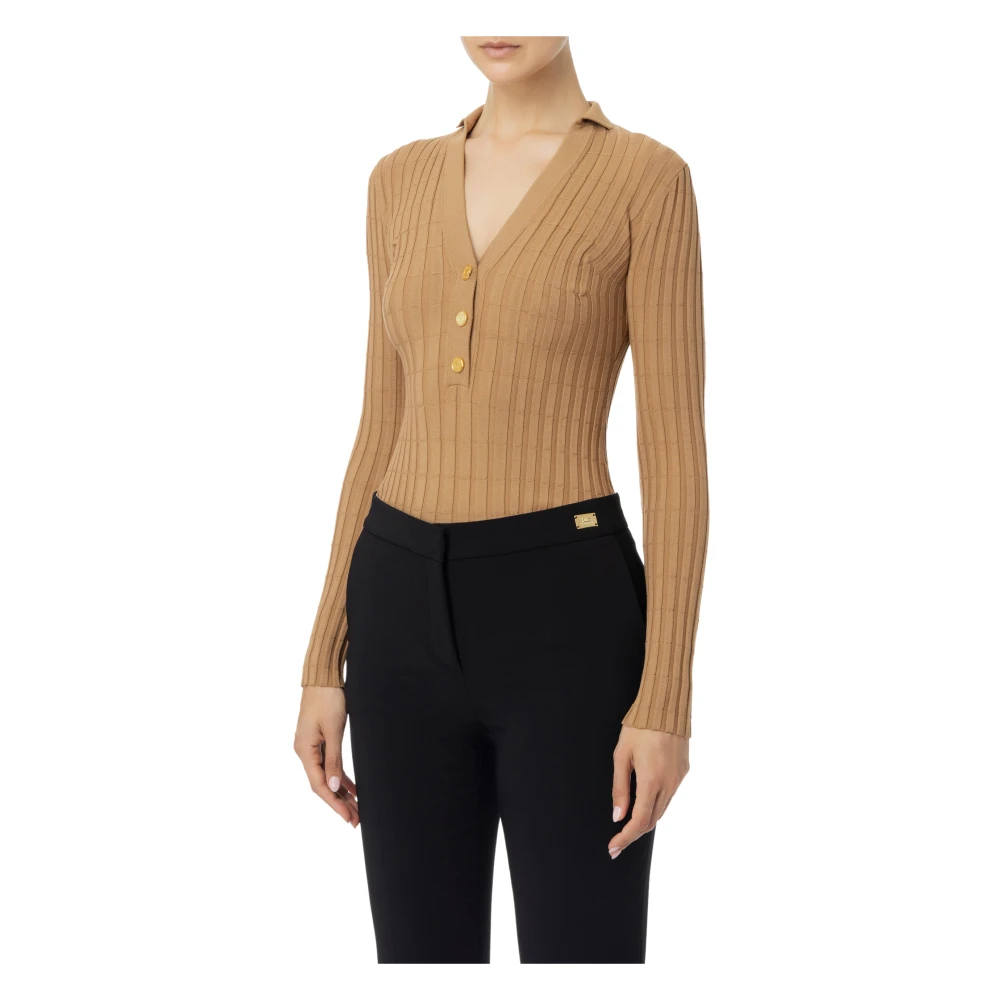 Elisabetta Franchi Geribbelde viscose trui met gouden knopen Brown Dames