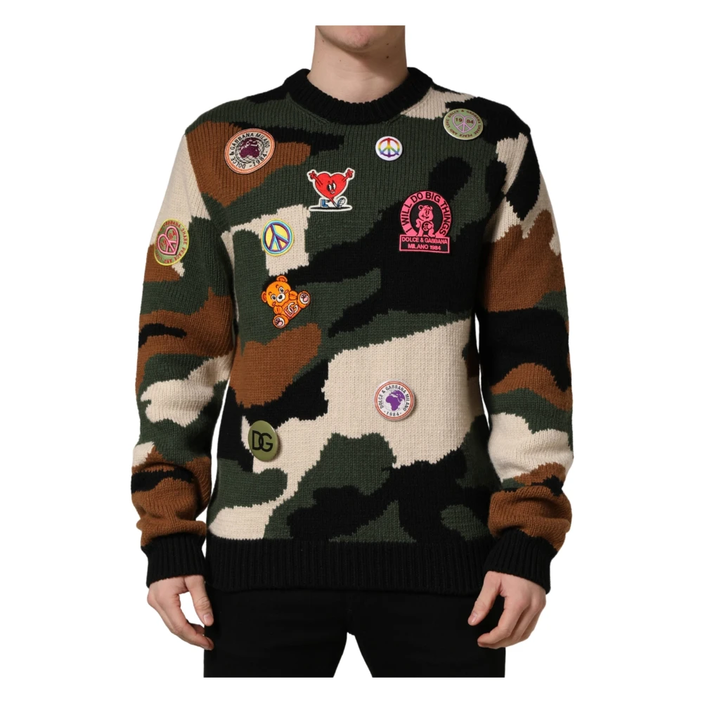 Dolce & Gabbana Men's Multicolor Round-Neck Knitwear, S, Intarsia-Knit Camouflage Pullover