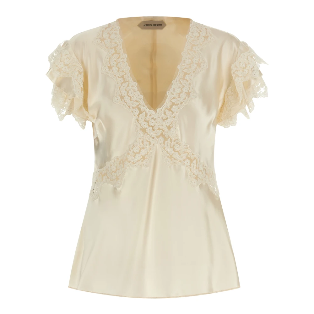 Alberta Ferretti Women's Beige Satin Top With Lace Inserts