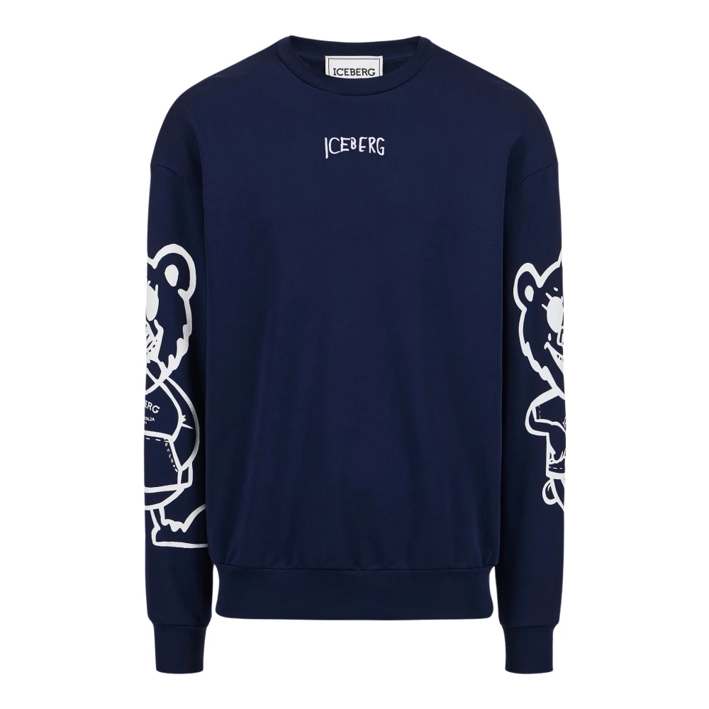 Iceberg Regular fit blauwe crewneck sweatshirt met beerprint en logoborduursel Blue Heren