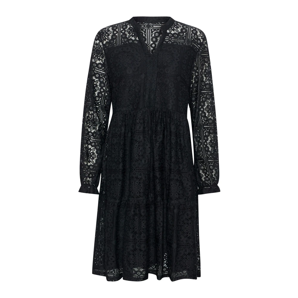 Cream Black Midi Dresses, Female, S, Lace Dress With Flounce Details