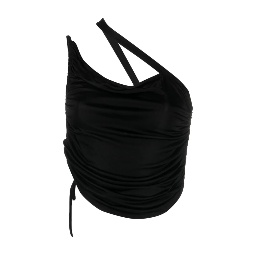 Andrea Adamo Zwarte Gedrapeerde One-Shoulder Crop Top Black Dames