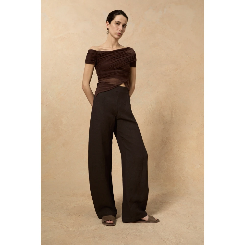 Cortana Hoge taille linnen en viscose broek Brown Dames