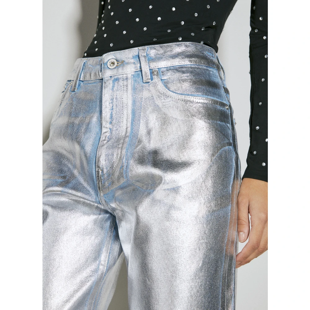 Paco Rabanne Metallic Coated Straight-Leg Denim Jeans Gray Dames