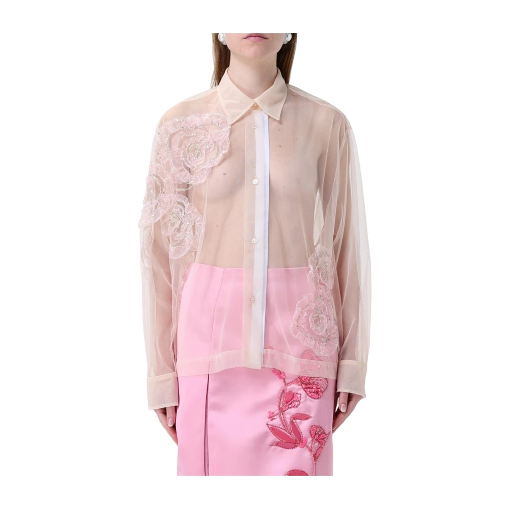 DES Phemmes Doorschijnende Casual Shirt met Decoratieve Borduurwerk Beige Dames