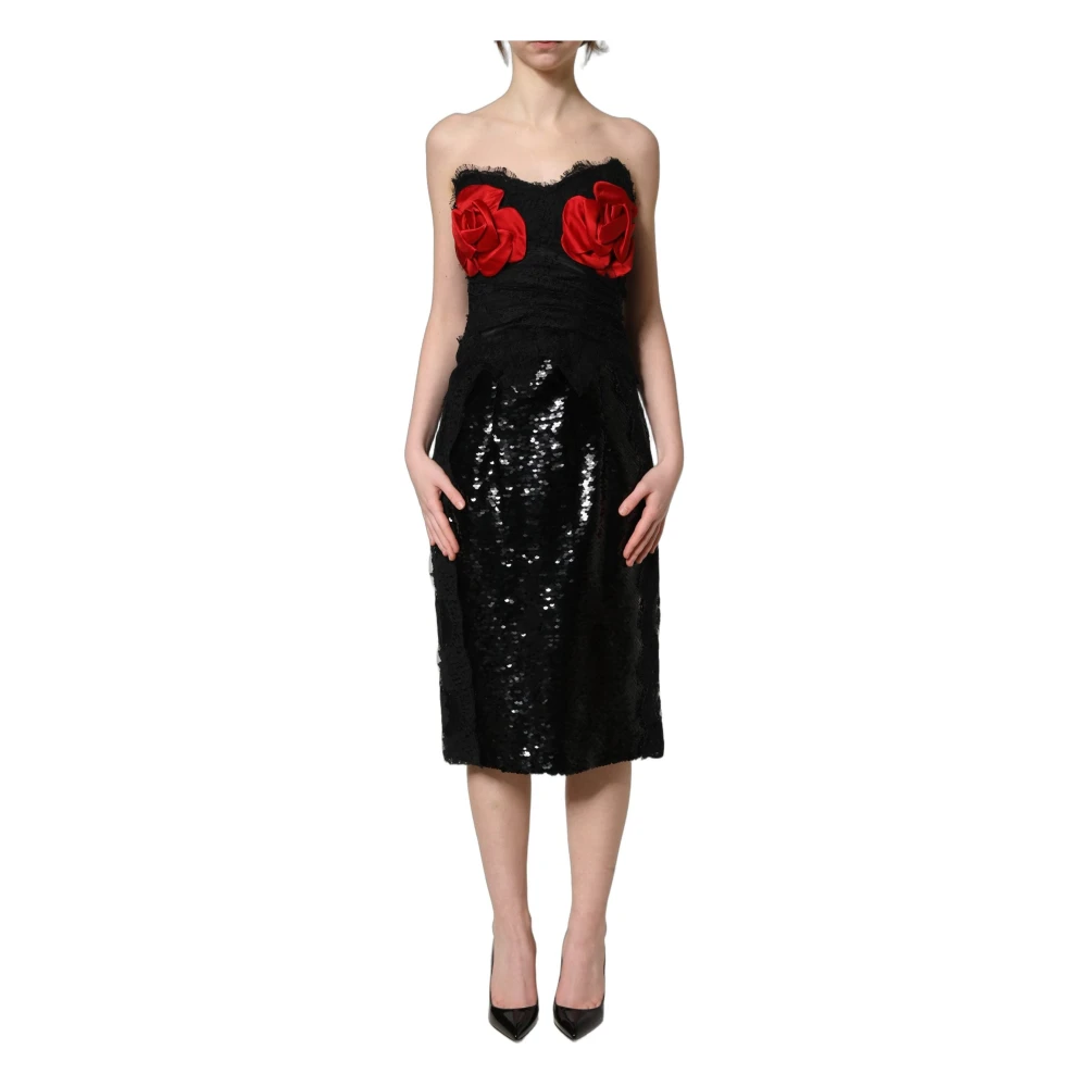 Dolce & Gabbana , Party Dresses, Female, Black, Xs, Strapless Rose Sequined Midi Dress