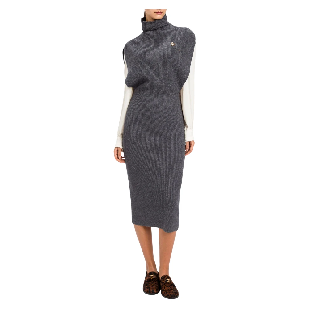 Twinset Donna Grigio Abito Lungo A Coste Con Collo Alto - Immagine 3