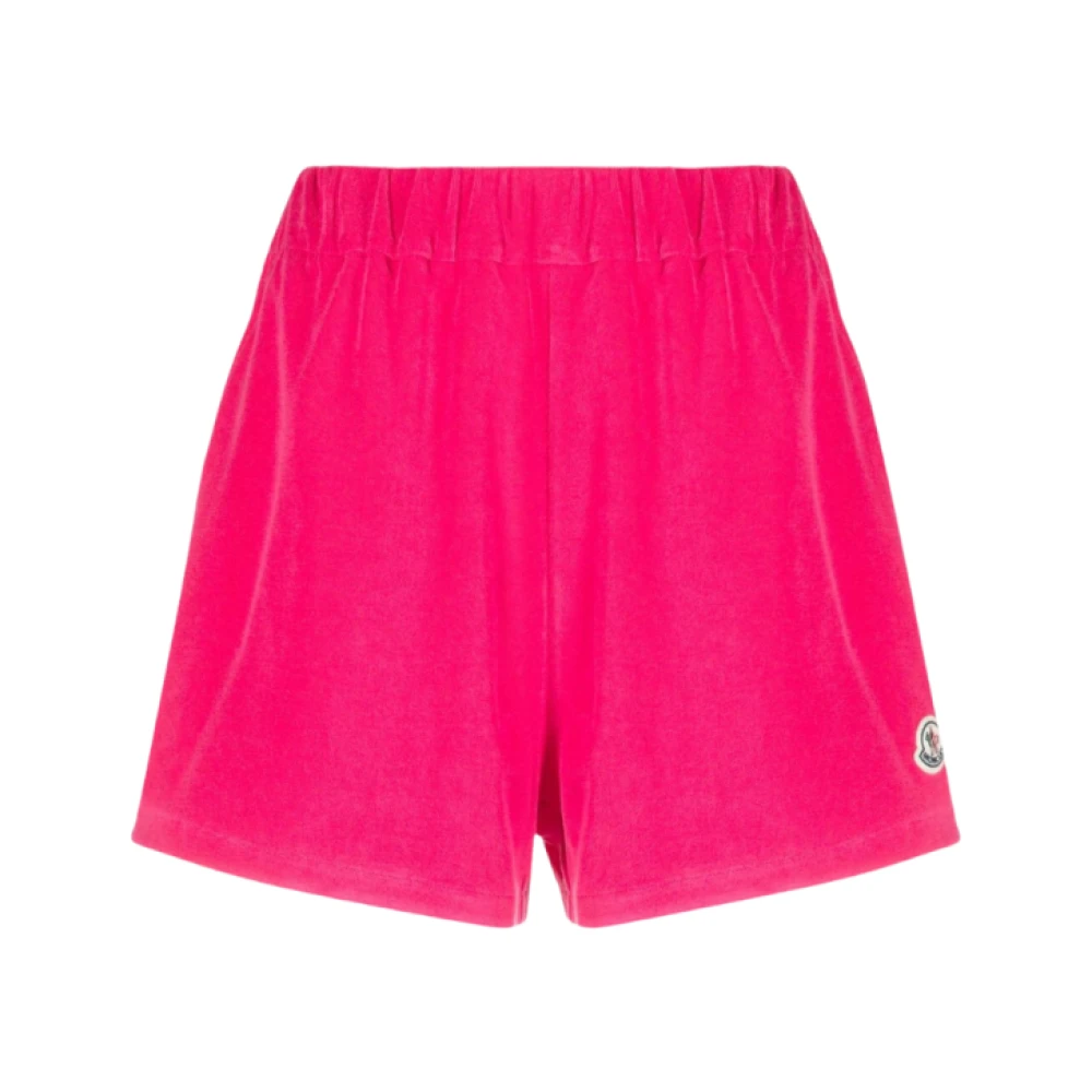 Moncler Krossad Sammet Rosa Logo Patch Shorts Pink, Dam