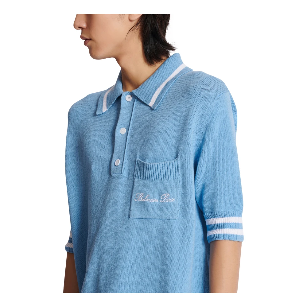 Balmain Wollen poloshirt met handtekeningborduurwerk Blue Heren
