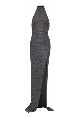 Lång sammetsklänning med halterneck och strass
