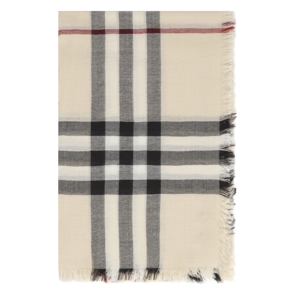 Burberry Frayed Hem Wool Motif Scarf Beige Dames